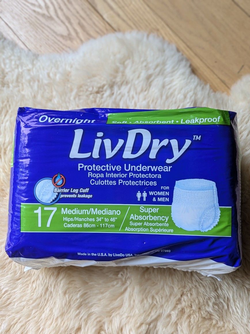 LivDry M Overnight Adult Diapers for Women and Men, Incontinence Underwear, Medium , Factory sealed