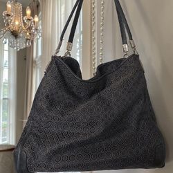 Coach Black Tonal Signature Jacquard Hobo Bag Blue Satin Interior Large Shoulder