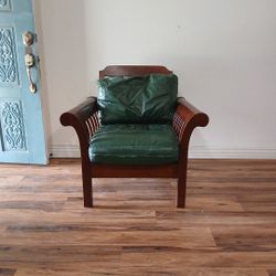 Wood Chair With Green Leather Cushions