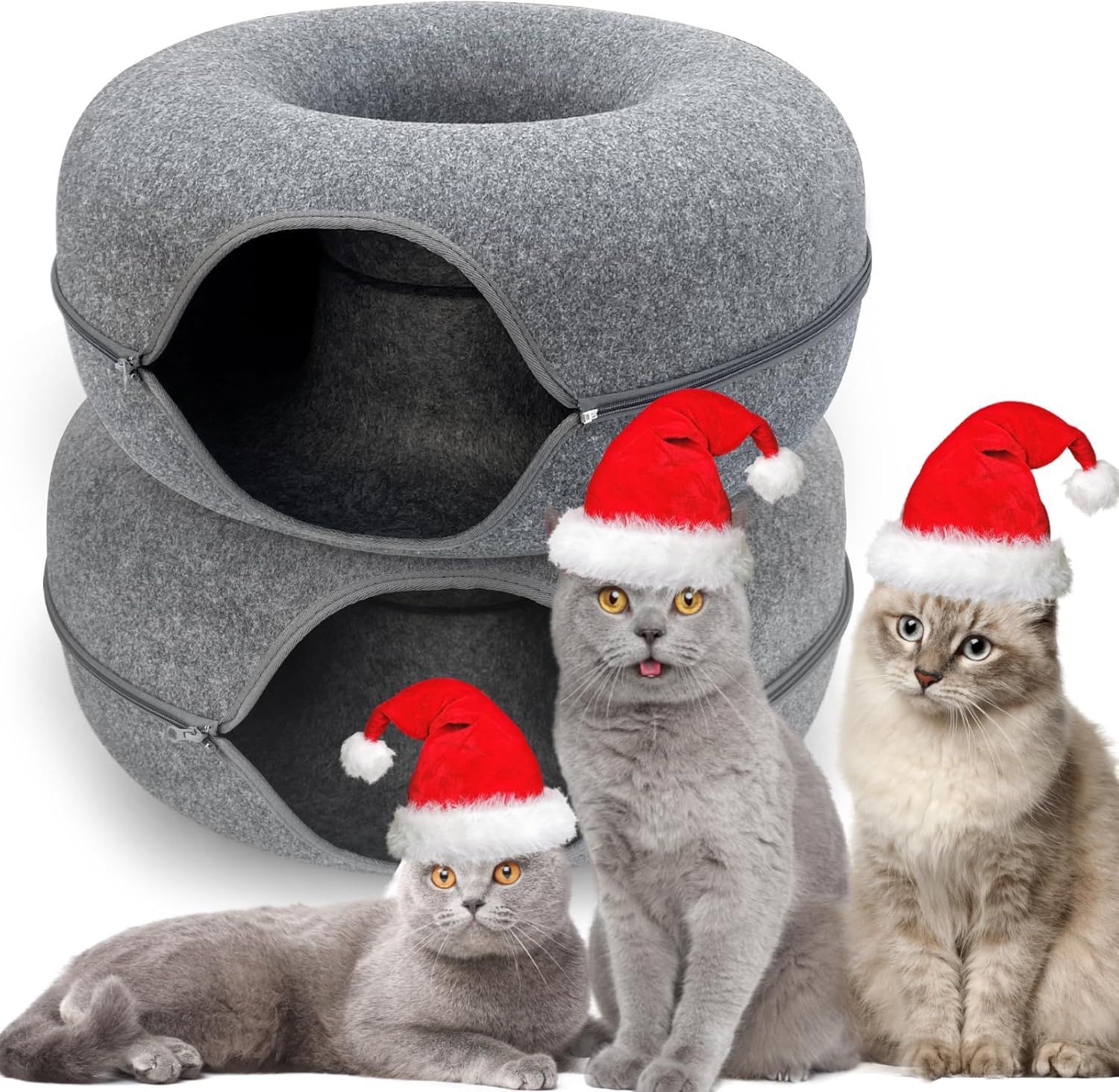 2 Set of Peekaboo Cat Cave Bed for Indoor Cats, Detachable Round Felt Tunnel, 20 Inch -(CATCAVE-M-DG X2