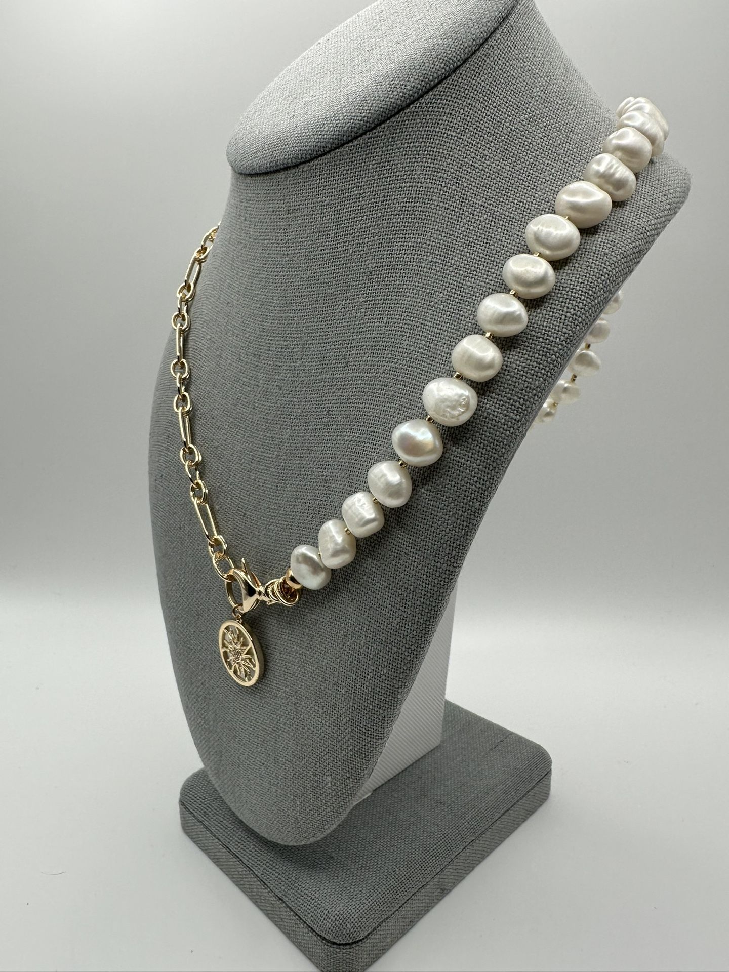 24” Pearl & Gold Chain Necklace – Freshwater Nugget Pearls, Celestial Pendant