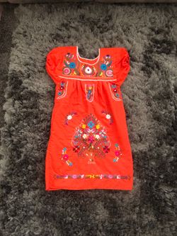 Bright Orange Mexican artisanal dress larger tree of life motif