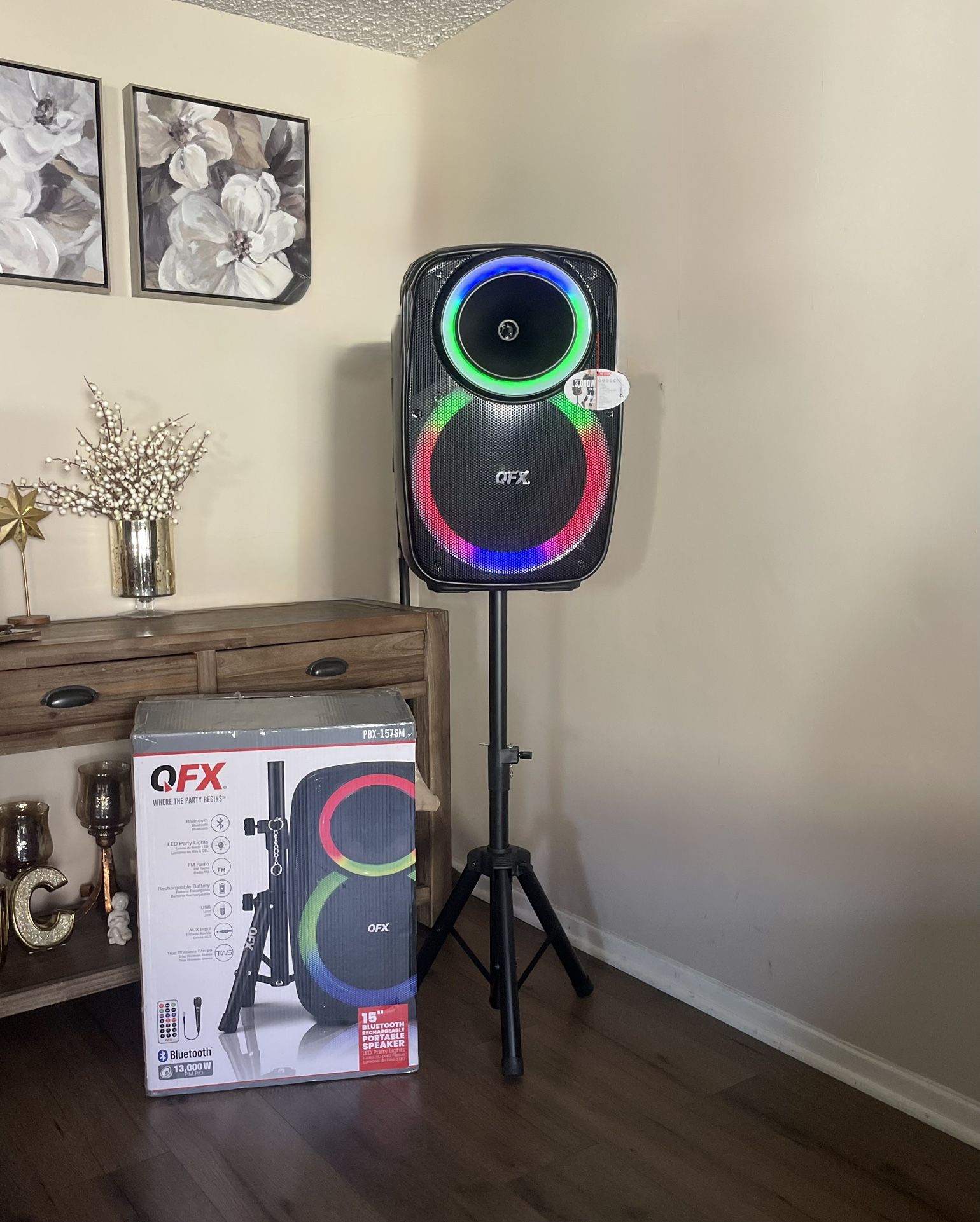 QFX 15” Bluetooth Rechargeable Party Speaker with Microphone , LED Party Lights  & Stand Included 🔊🎤🎶🔊🎶🎶  Brand new 