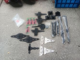 Fence gate hinges, latches, springs and fence handles. Selling for $15