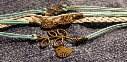 Blue & White Leather Copper Color Charms Bracelet