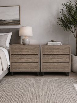 Set of 2, 3-Drawer Nightstands in Gray Wood