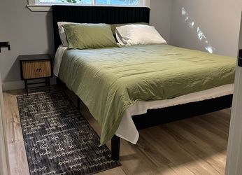 Queen bedframe with mattress and 2 nightstand