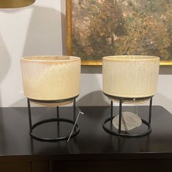 New set of 2 Medium Ceramic Glazed Indoor Outdoor Planter Pot with Stand Ivory 