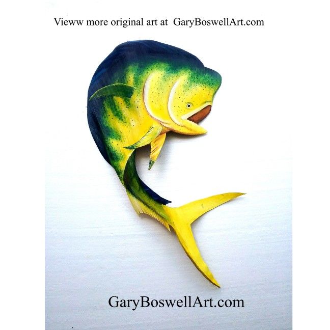 Mahi fish hand carved painted palm tree frond art