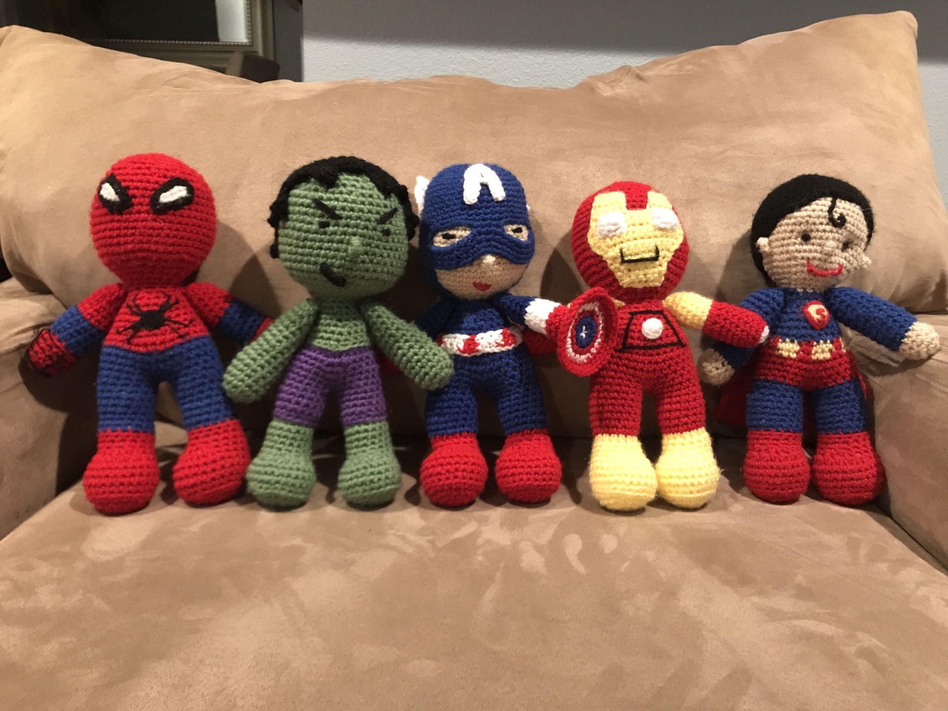 Amigurumi superhero $30 each: Spiderman, Hulk, Captain America, Iron Man, Superman