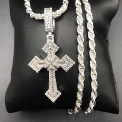 925 Sterling Silver 3.48CT MOISSANITE Cross Pendant Rope Chain Men’s Necklace Size 24”