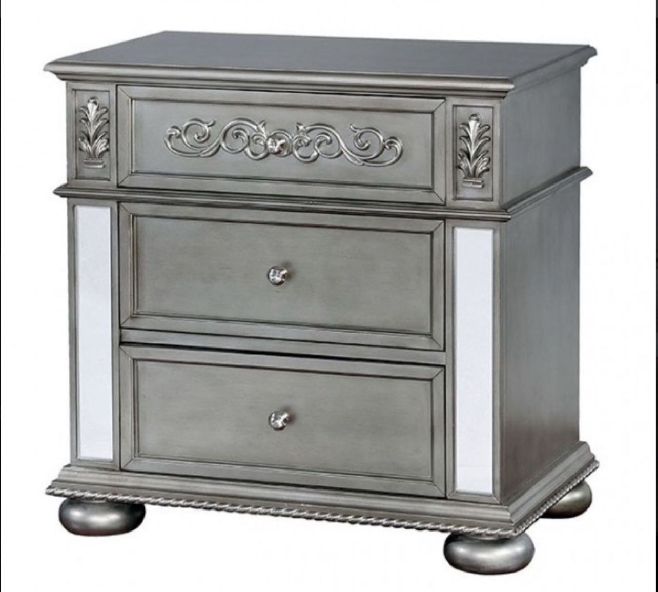 Silver Nightstand W/ Mirrored Trim Brand New In Box