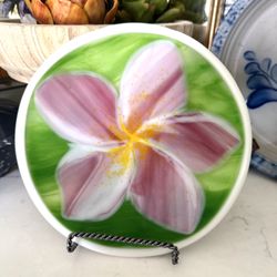 Vibrant Handmde Artist Glass Plumeria Design Decor Art Dish Shallow Bowl Plate   Artist Signed 'RB' on back. About 7.5 inches diameter. Great for deco