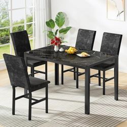 AWQM Products 5-Piece Marble Dining Set, Modern Kitchen Table and Chairs for Dining Room, Dinette, Compact Space Saving Furniture, 4 Upholstered Velve