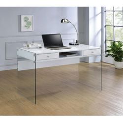 2 Glossy White And Clear Glass Legs Desk.  