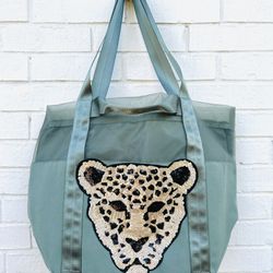 New XL Green Leopard Patch Market Shopper Or Beach Shoulder Tote Bag 