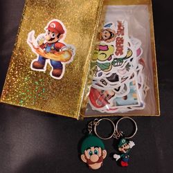 Super Mario Stickers lot of 100 + 2 Keychains 