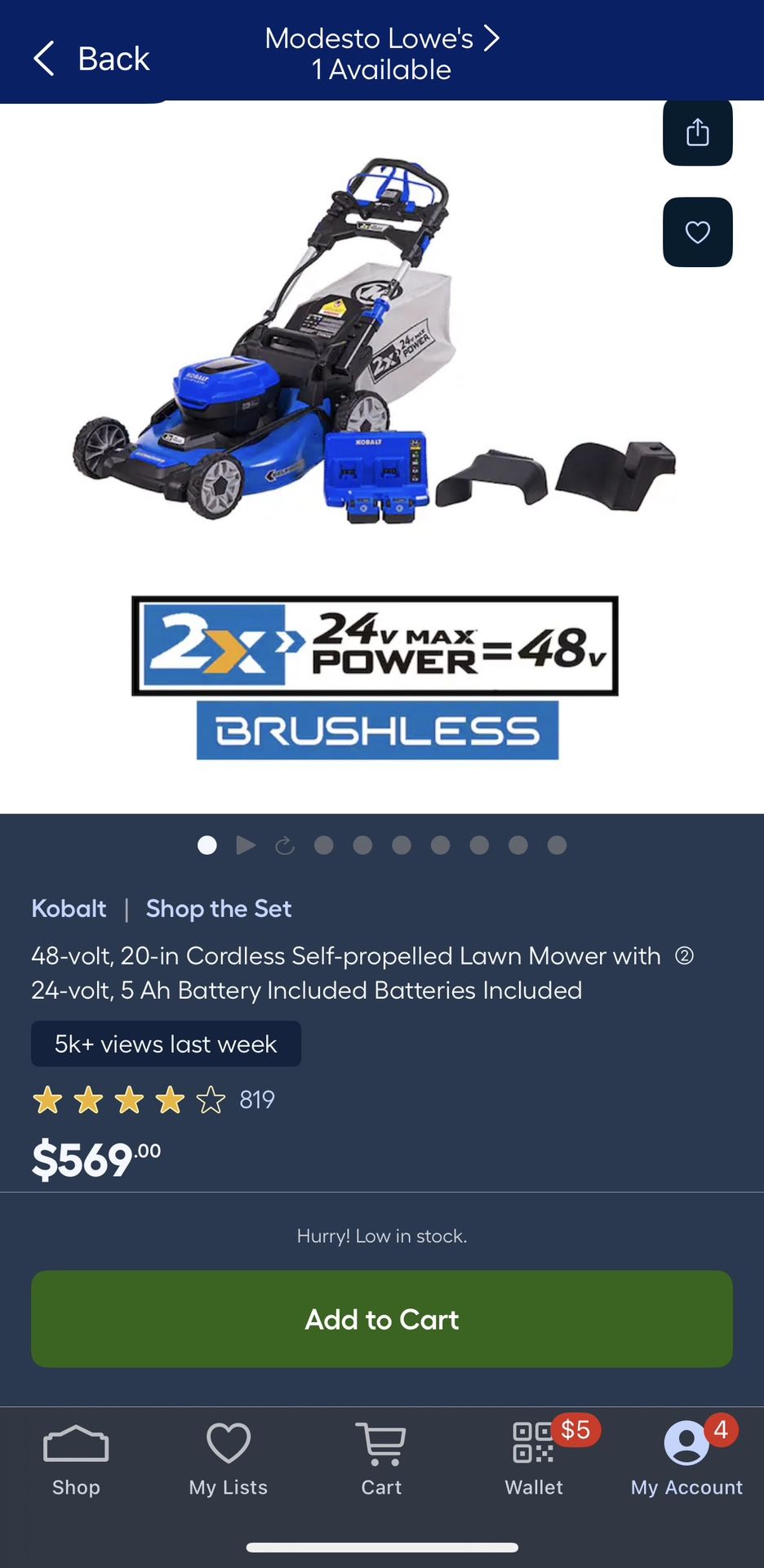 Kobalt 2×24V (48V total) 20 in brushless self-propelled cordless lawn mower kit with two 24V 5Ah batteries. This is a brand-new, never opened unit shi