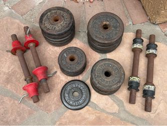 Two sets of dumbbells and steel weights