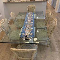 Stunning Stone Pedestal Dining Set - Glass Top & 6 Upholstered Chairs