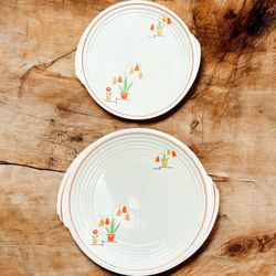 Antique Art Deco Platter Dinnerware Large Plates Set 1930s Tulips in Pot Vintage Retro Flower Decor
