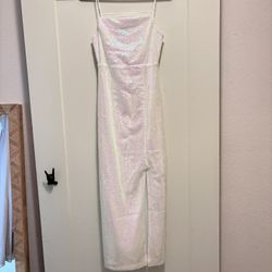 White Chrome, Shimmer, Sequin Maxi, Body Con Dress With Open Cut Out Back