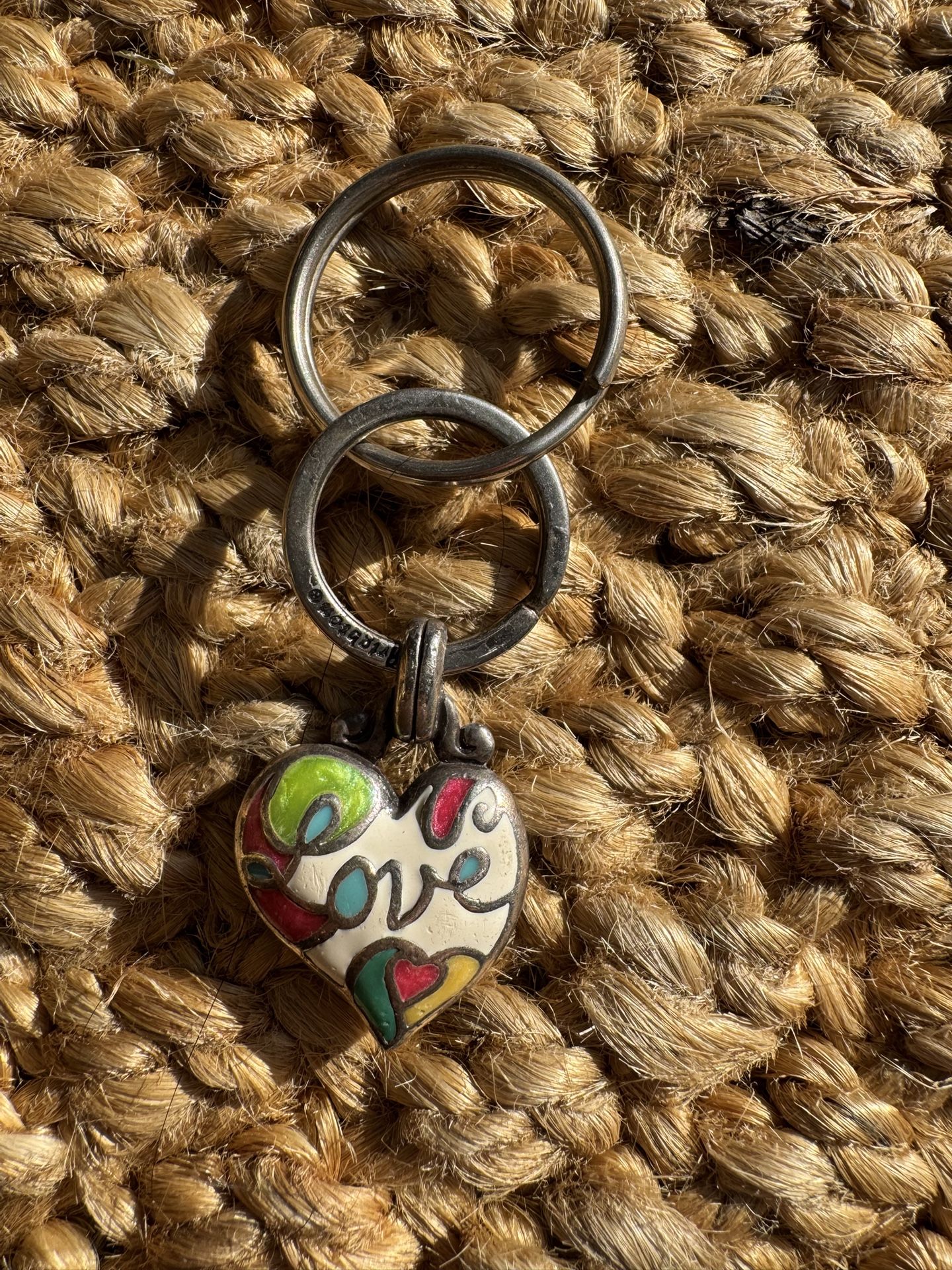 Brighton Love Silver Tone Keychain Purse Charm Zipper Pull Cursive Script Hearts White Pink Red