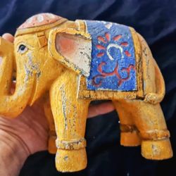 Vintage Solid Wood Rustic Carved Colorful Painted Wooden Elephant Sculpture 