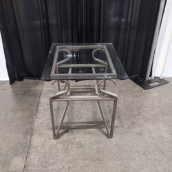 Industrial Style Metal End Table with Glass Top