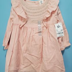 OshKosh Baby B'gosh Ruffled Cotton pale pink Girl Dress with Silver Embroidery