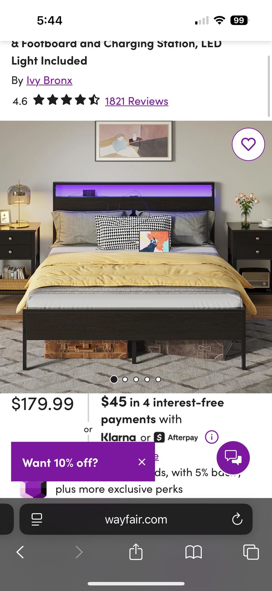 Deviana Metal Bed Frame with Headboard & Footboard and Charging Station, LED Light Included