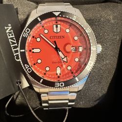 Citizen eco drive silver and orange men’s watch solar powered brand new