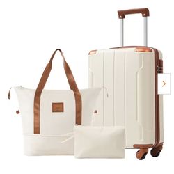 3-Piece White and Brown ABS Hardshell Spinner 20 in. Luggage Set with an Expandable Travel Duffel Bag, a Toiletry Bag Merax - 3-Piece White and Brown 