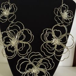 3D Statement Floral Necklace Silver toned. 