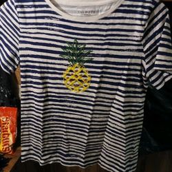Talbots Shirt Womens Petite Small Multicolor Striped Pineapple Embellished Tee