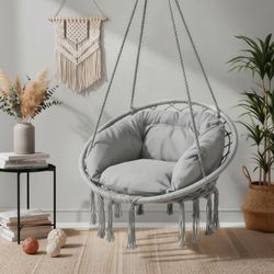 MoNiBloom Hammock Chair, Macrame Hanging Swing Chair with Padded Cushion, Max 350lbs, Hanging Cotton Rope Chair for Indoor, Outdoor, Bedroom, Patio, P