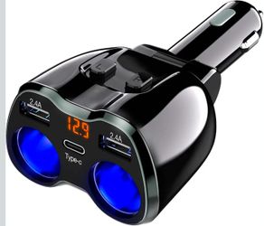 USB C Car Charger, 2 Sockets Cigarette Lighter Splitter 12/24V 80W Dual USB Type-C Ports Separate Switch LED Voltage Display