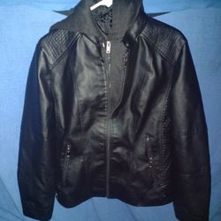 Woman's Faux Leather Jacket With Detatachable Hood And Zipper