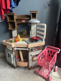 Kids Play Kitchen With Cart And Accessories