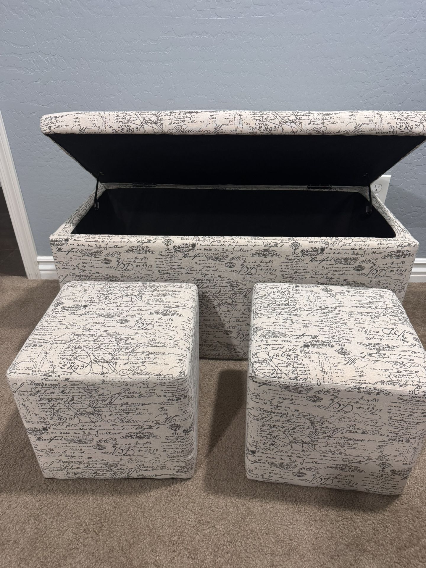 Storage Ottoman with 2 Matching small Ottomans – Script Print Fabric