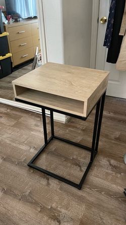 Modern Light Oak C-Shaped Side Table with Open Storage Cubby