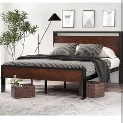 14 Inch Full Size Metal Platform Bed Frame with Wooden Headboard and Footboard, Mahogany Y-50
