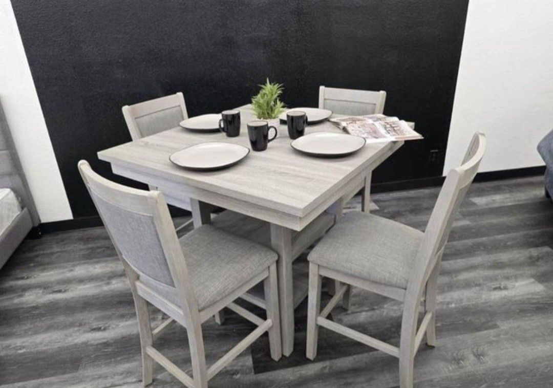 ✅️ 5 pc Wildon studio rustic natural tone,  finish wood and fabric counter height dining table set ✅️✅️