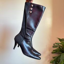 Y2K Black faux Leather & Suede Pointed Toe Button Kitten Heel Boots Detail US 9