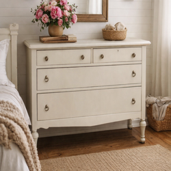 Refinished Vintage Distressed Ivory White Farmhouse Style Solid Wood Wheeled 4 Drawer Dresser