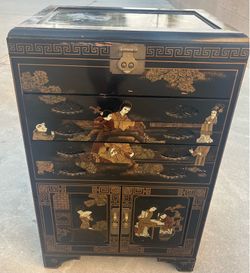 vintage Chinese lacquer jewelry cabinet,