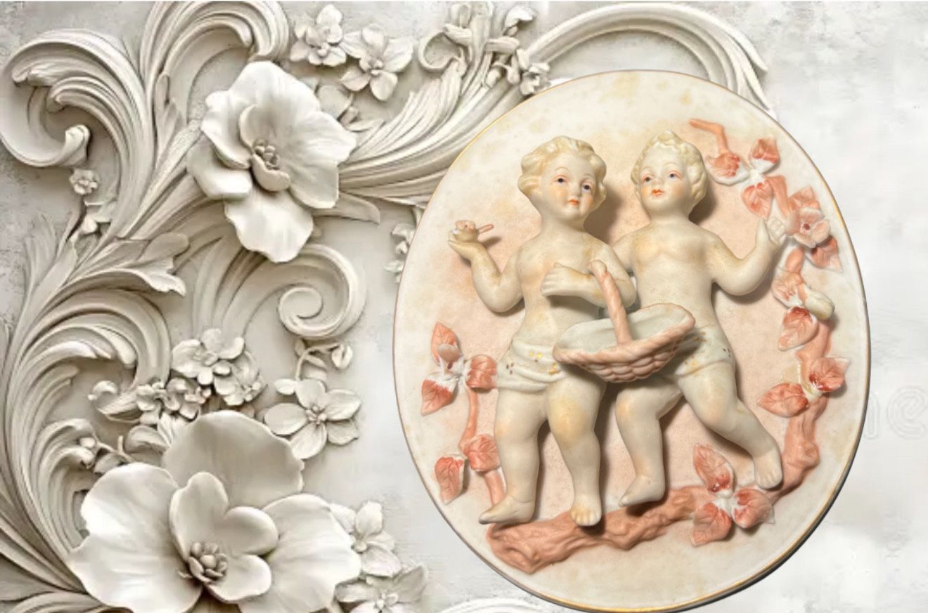 Vintage 1950s Bisque Cherub Wall Plaque With Flowers, 5x5.5”