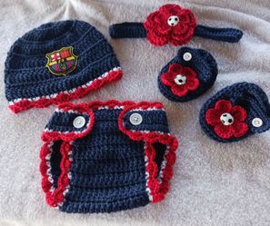 Crochet Baby Girl FC Barcelona Soccer Inspired Outfit Photo Prop 