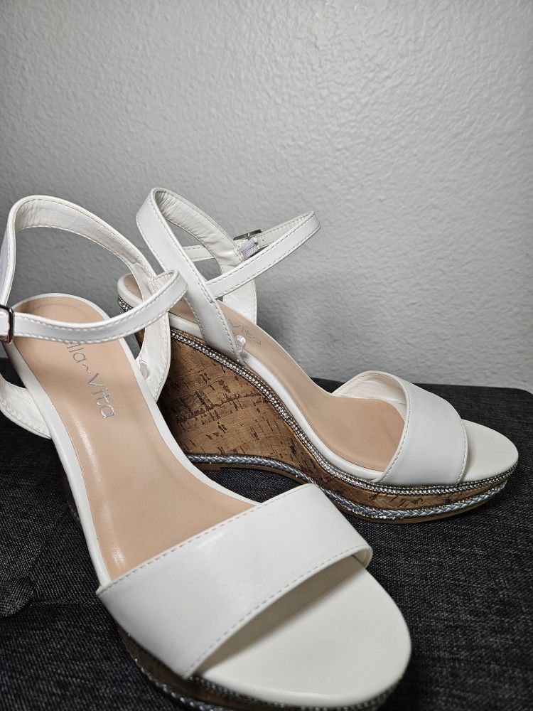 White Rhinestone Cork Wedges Wedding Prom Shoes