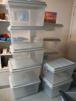 Storage Tubs. $4 each Measurements on labels in pictures. I have 20 available.